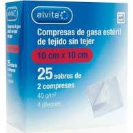 Alvita Compresas Gasa Esteril Tejido Sin Tejer 10 Cm x 10 Cm 25 Sobres