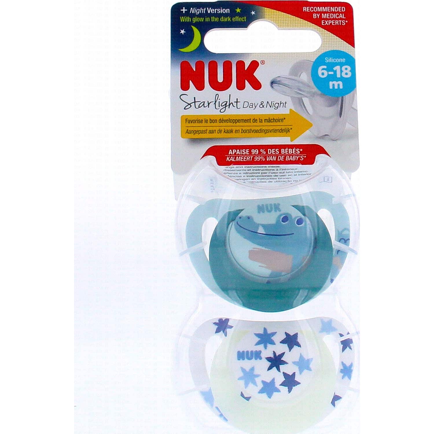 Nuk Starlight Día y Noche Chupetes 6-18 Meses Cocodrilo 2uds