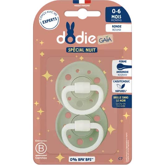 Dodie Gaïa Especial Noche Chupete Redondo 0-6M C7 Verde 2 uds