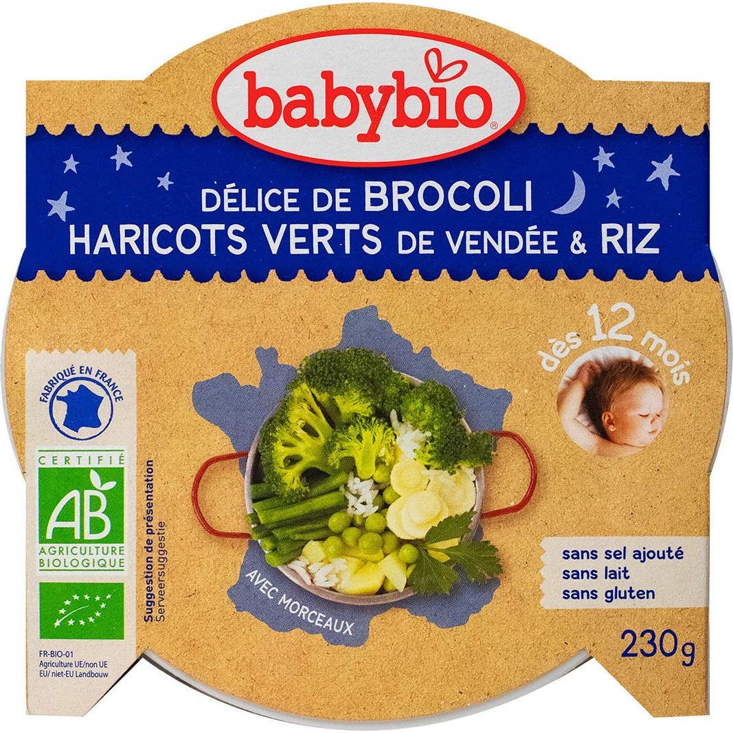Plato de Buenas Noches Babybio Arroz Brócoli y Judías Verdes del Valle del Loira 230g