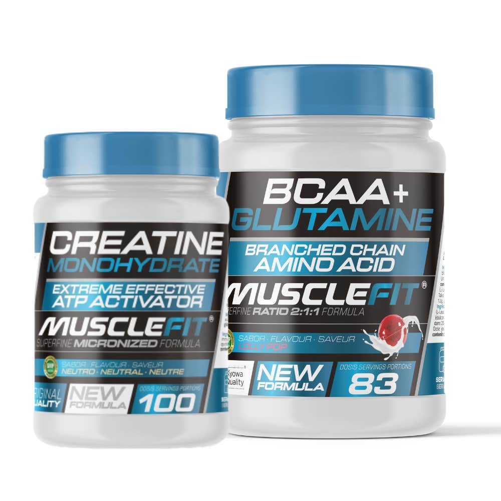 MuscleFit Pack Glutamina + BCAA´s Piruleta 500g + Creatina Monohidrato 300g + Shaker