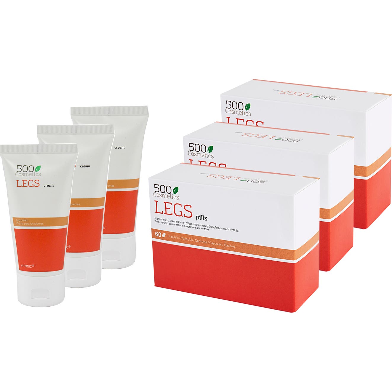500Cosmetics Piernas Triplo Para Varices 60caps + Crema 75ml Pack