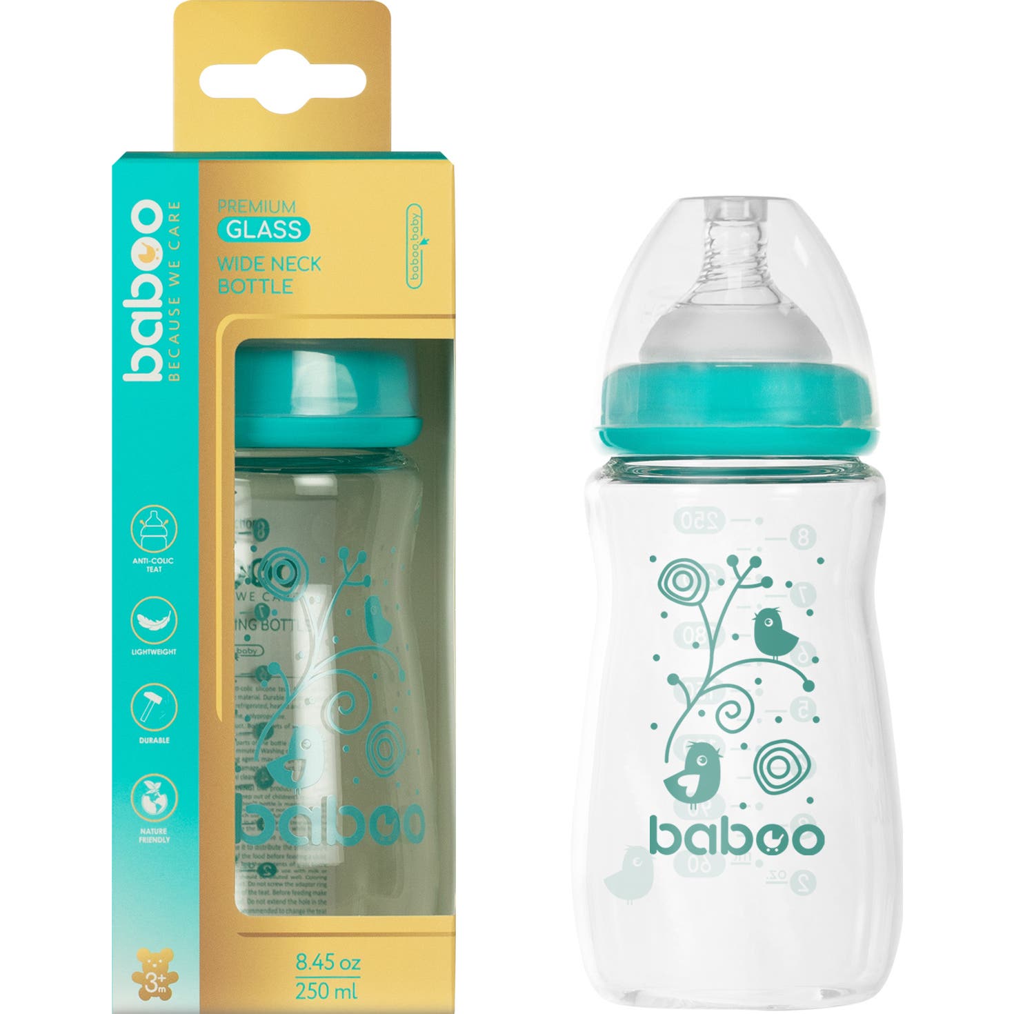 Baboo Biberón Vidrio Anticólico Cuello Ancho +3 Meses 250ml 1ud