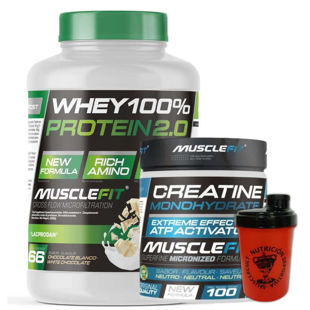 MuscleFit Pack Whey 100% Protein Chocolate Blanco + Creatina 300g + Shaker