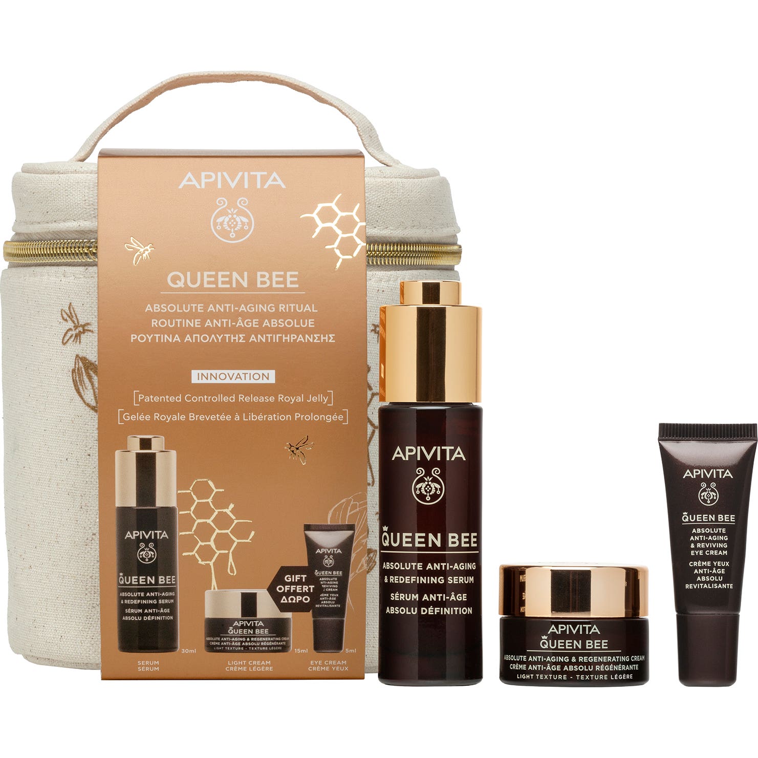 Apivita Ritual Antiedad Queen Bee Sérum + Crema Ligera 15Ml + Contorno 5Ml