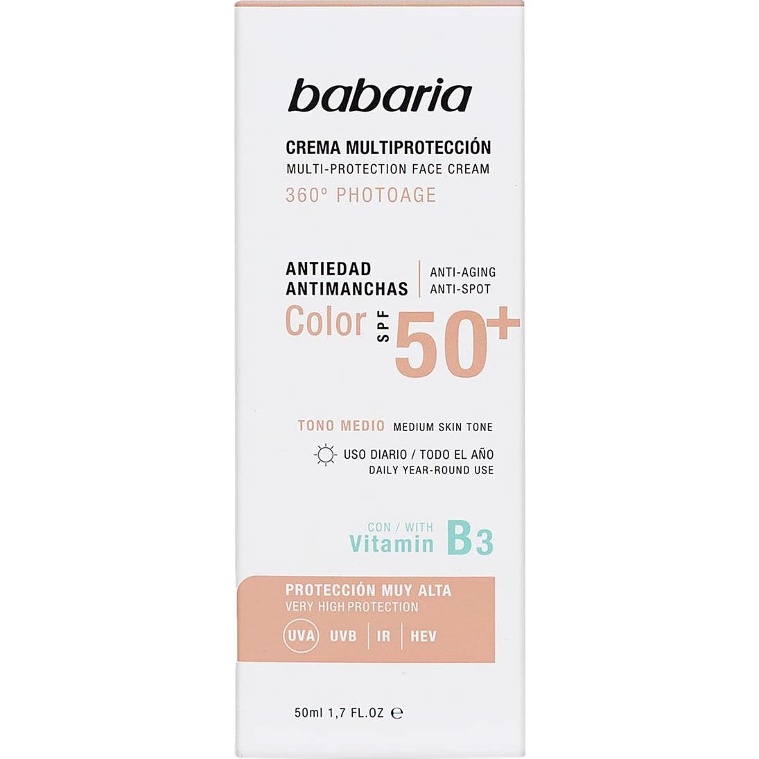 Babaria Crema con Color Multiprotección Antiedad SPF50+ 50ml