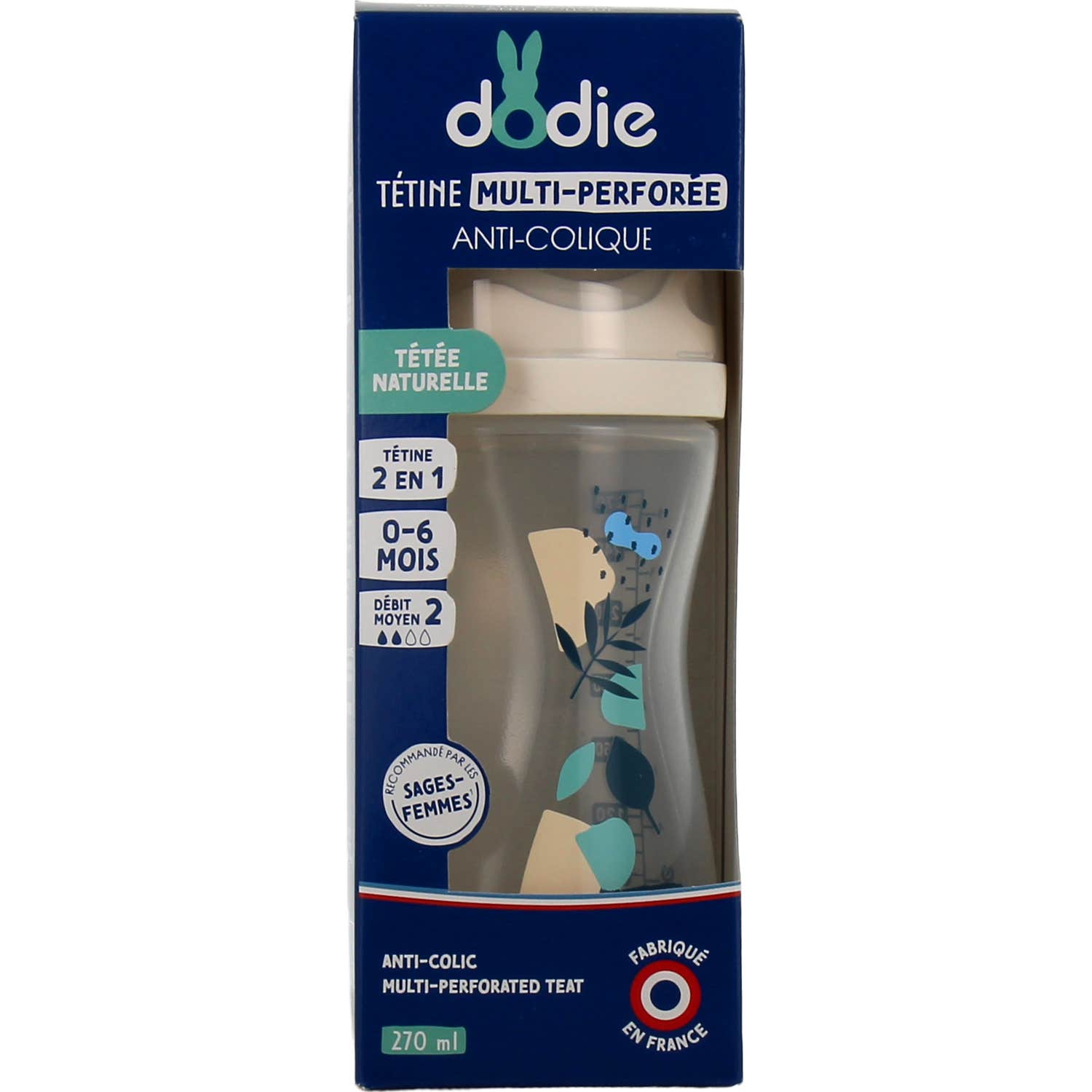 Dodie Biberón Tetina Multiperforada Flujo 2 +3M Azul 270ml
