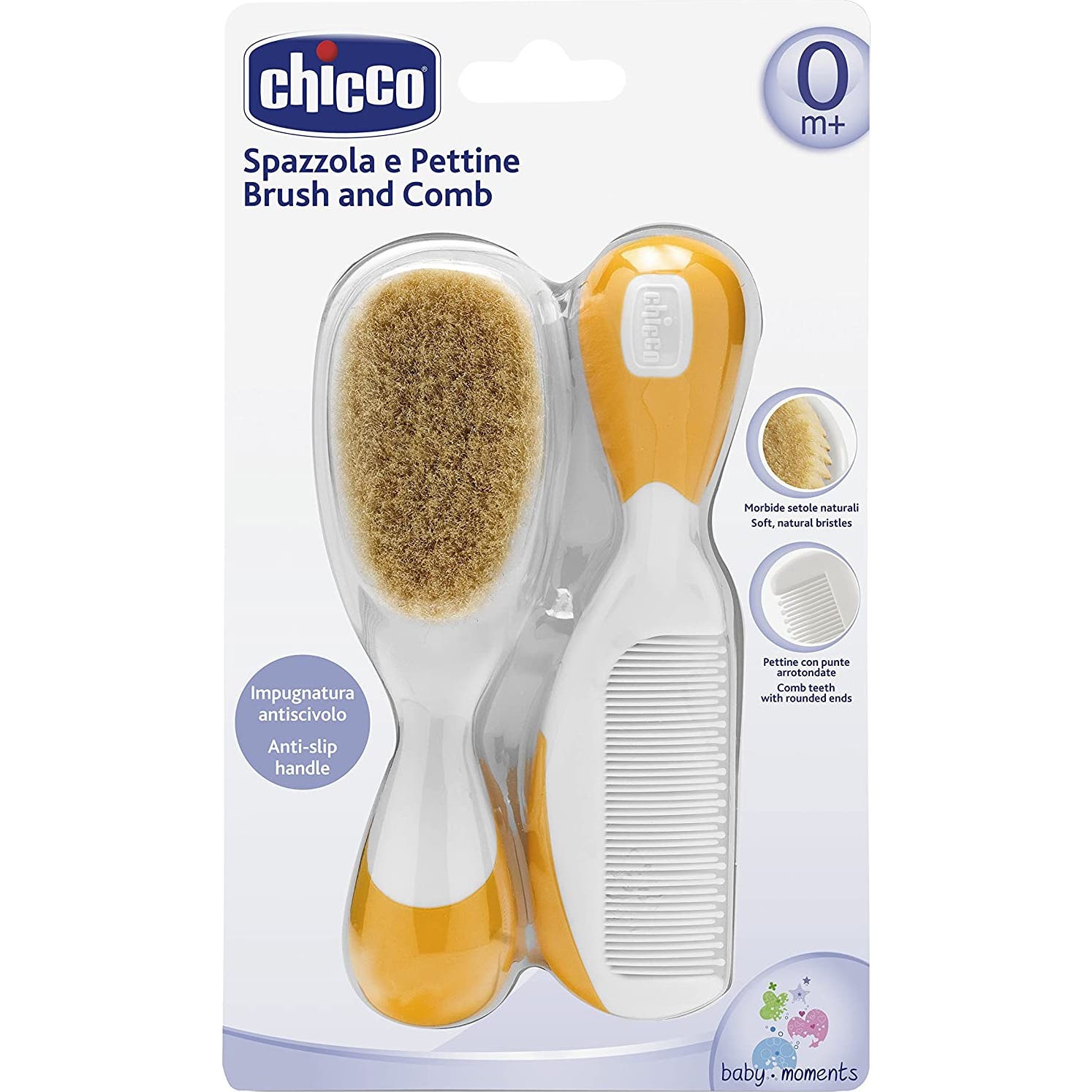 Chicco Pack Cepillo y Peine de Pelo Natural Naranja 0 M+