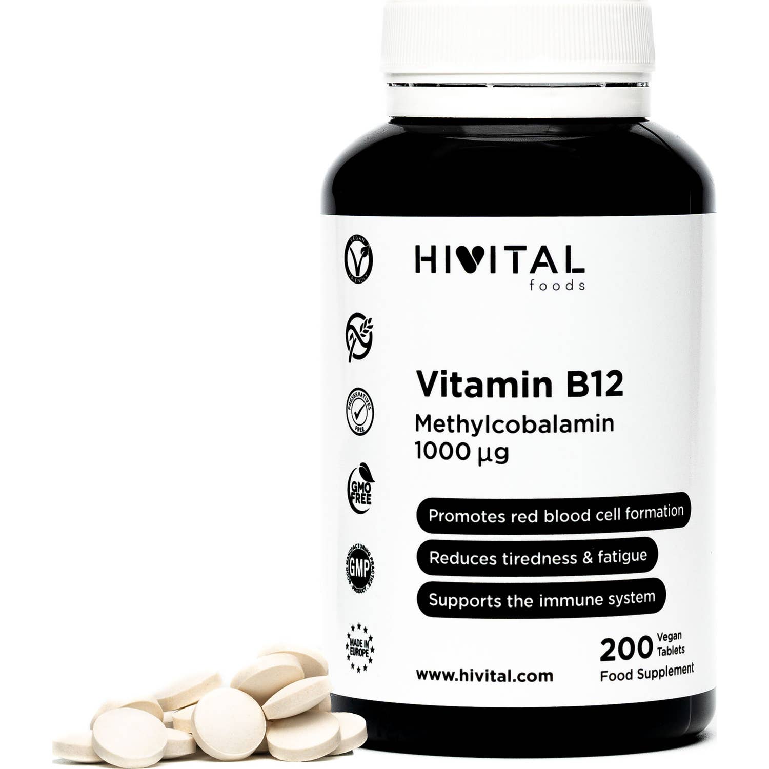 Hivital Foods Vitamina B12 Metilcobalamina 1000 mcg 200 comprimidos (Más de 6 meses)