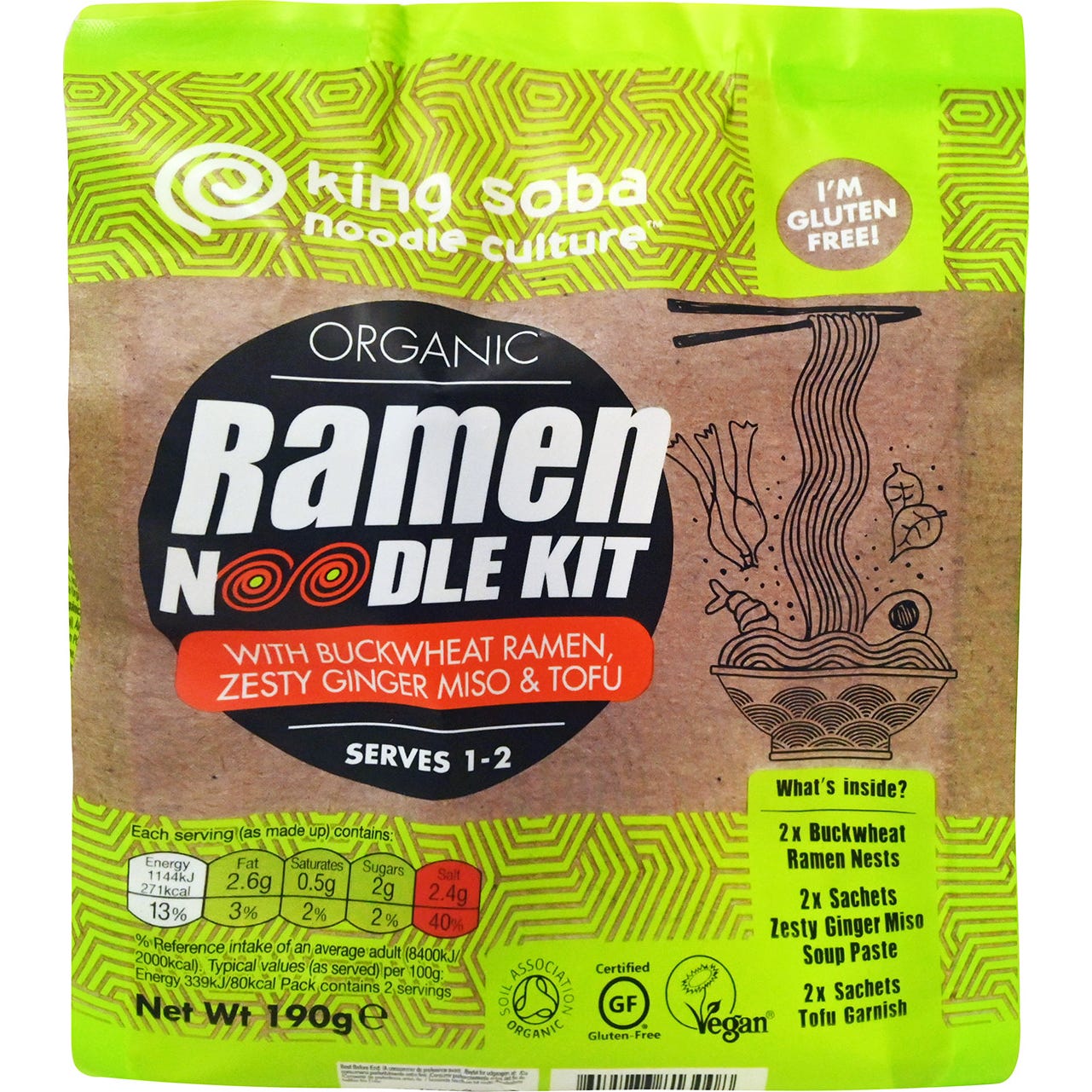 King Soba Organic Noodles Ramen Kit Trigo Sarraceno 190g