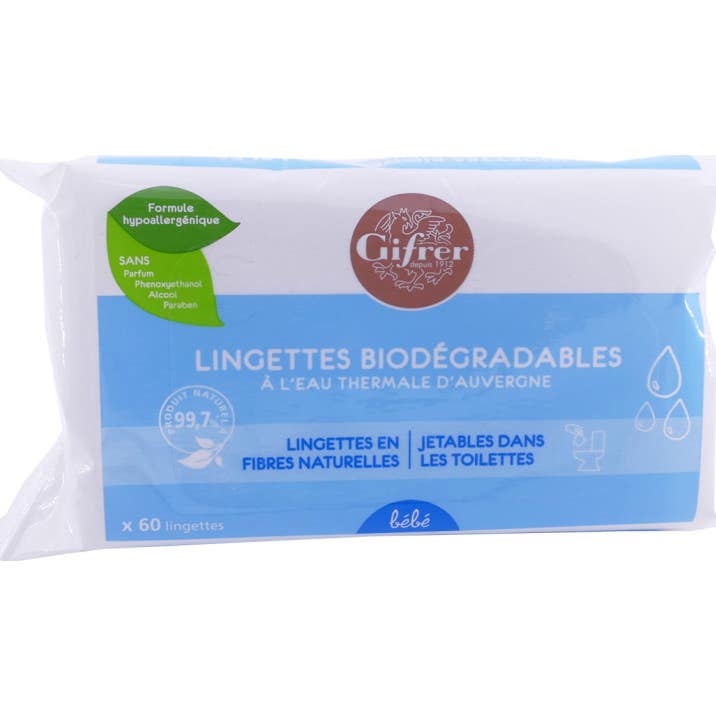 Toallitas biodegradables con bolsa de agua termal Auvergne de 60 toallitas