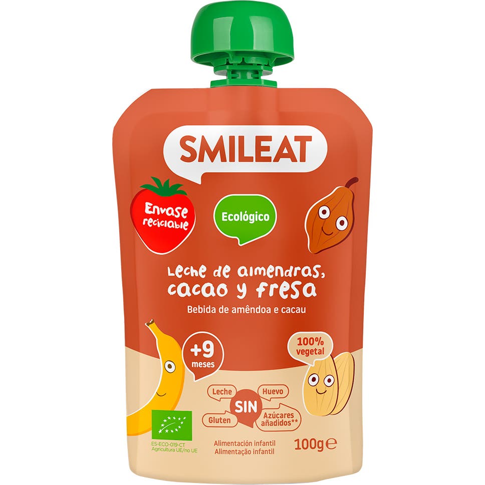 Smileat Pouch Ecológico de Leche de Almendras Cacao y Fresa 100g