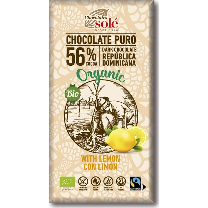 Chocolates Sole Chocolate Negro Vegano 56% con Limon 100 g