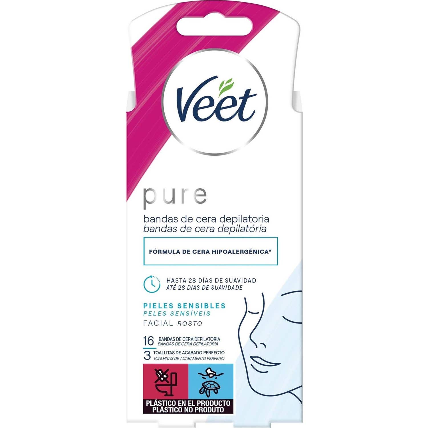 Veet Pure Cera Fría Facial Sensible Bandas 16uds