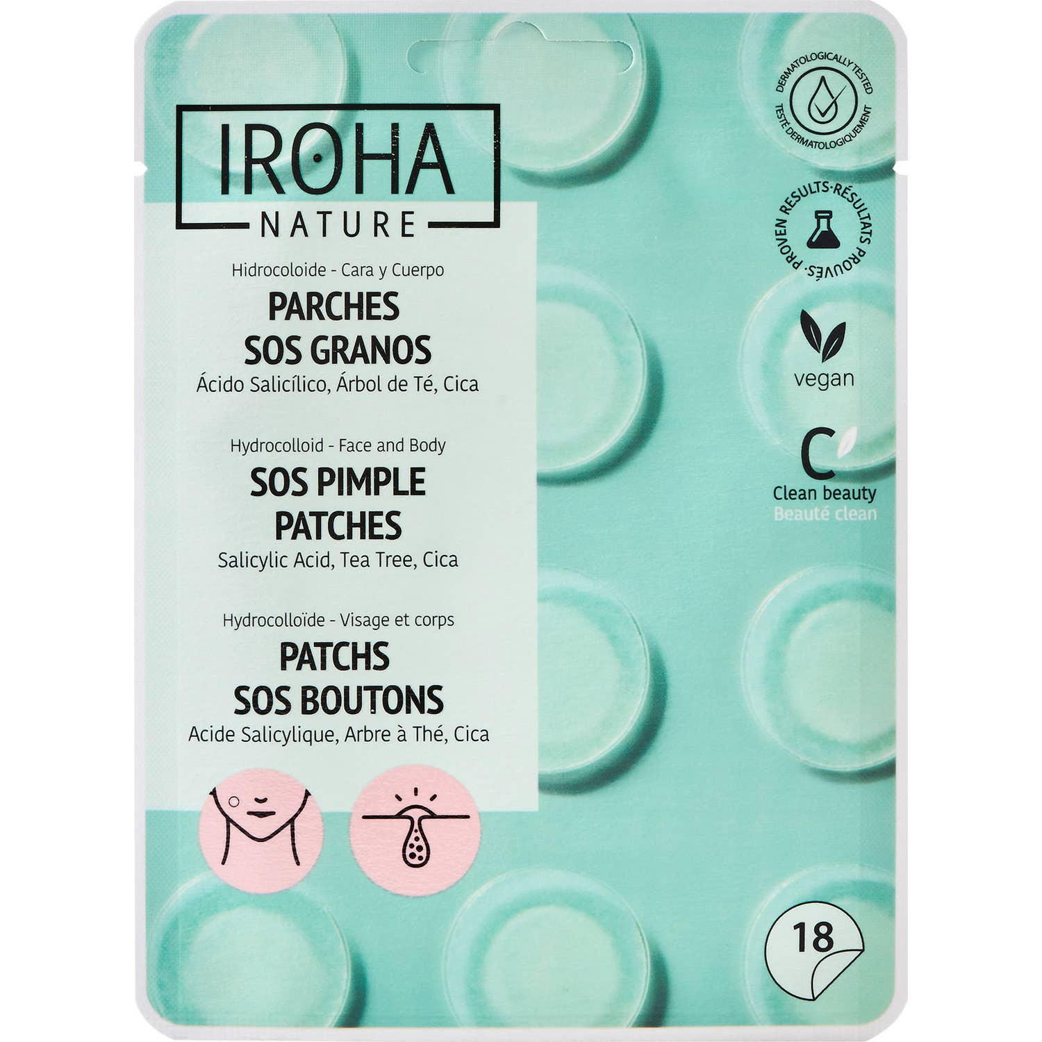 Iroha Nature Parches SOS Granos para Acné Cara y Cuerpo 18uds