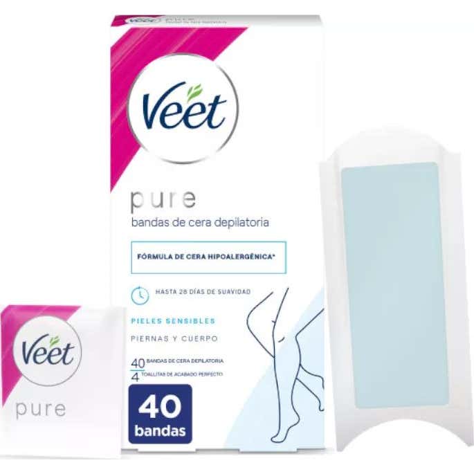 Veet Pure Bandas de Cera Depilatoria Piernas y Cuerpo Piel Sensible 40 uds