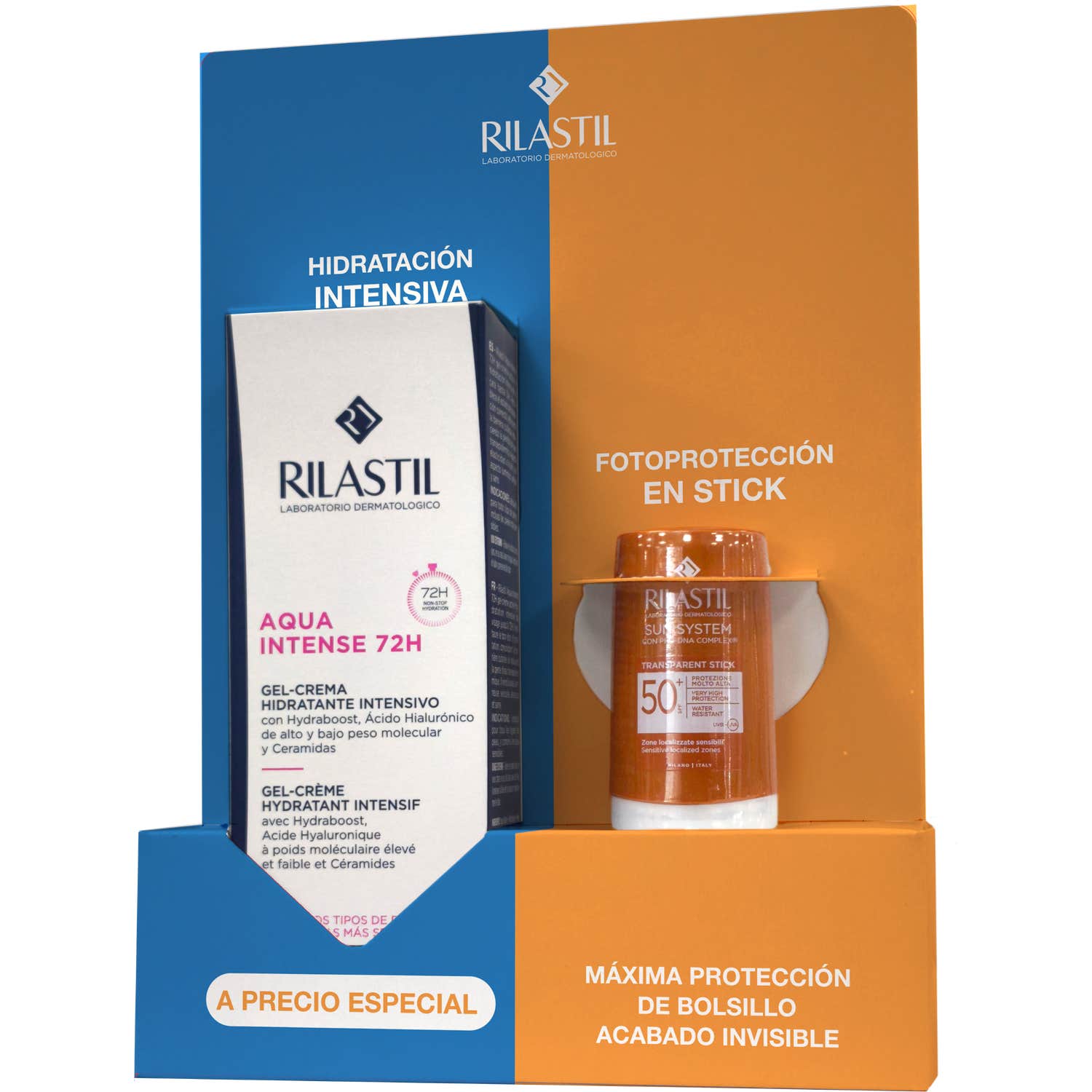 Rilastil Pack Aqua Intense 72h Gel-Crema 40ml + Sun System Stick Solar Transparente SPF50+ 8,5gr