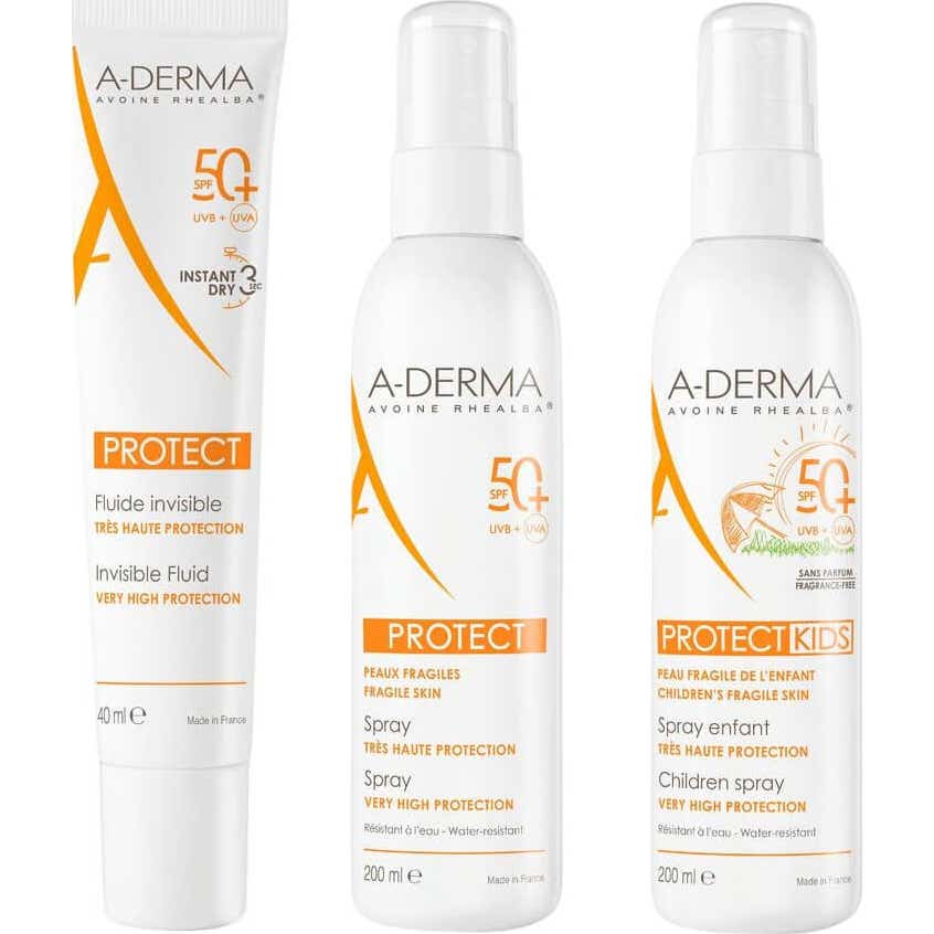 A-Derma Pack Protect SPF50+ Fluido Solar Invisible 40ml + Spray Solar 200ml + Spray Solar Infantil 200ml