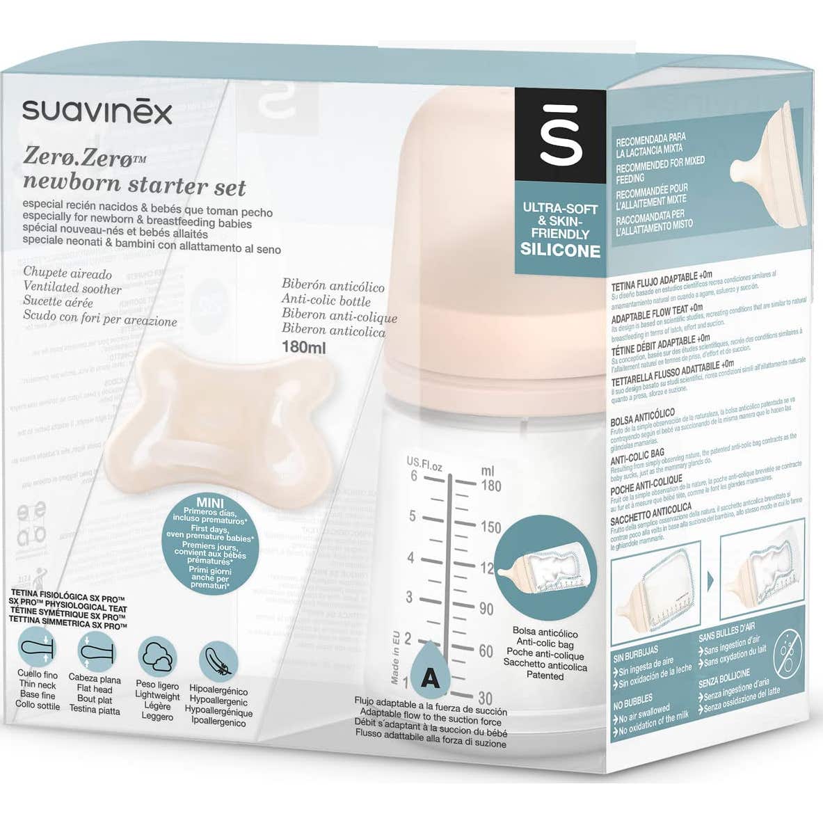 Suavinex Zero Zero Pack Inicial Recién Nacido Chupete + Biberón 180ml