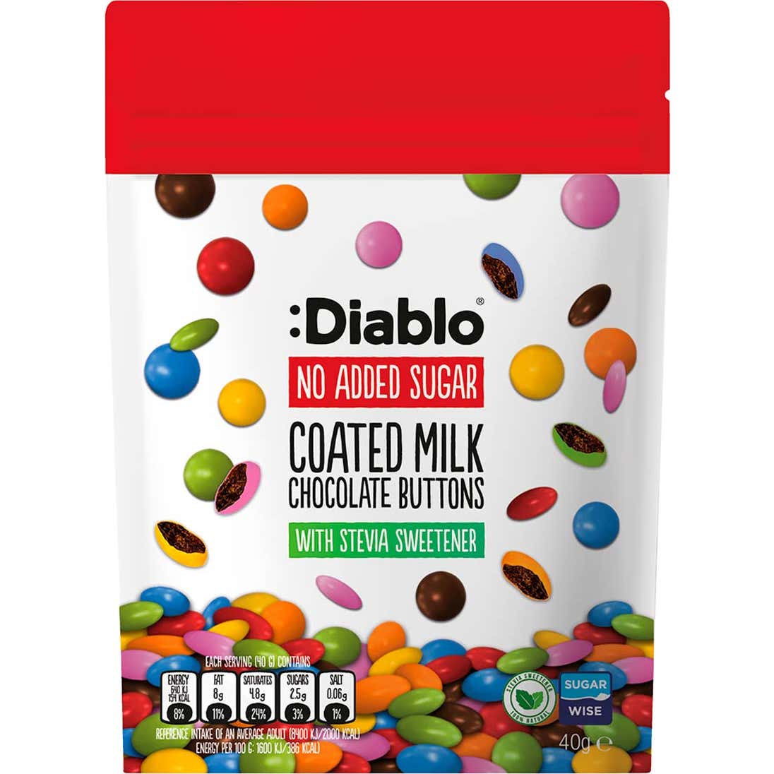 :Diablo Bolsita de Grageas de Chocolate con Leche y Stevia 40g