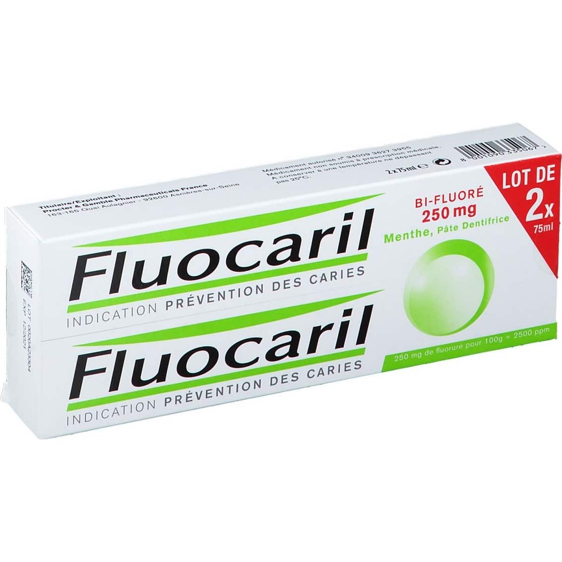 Fluocaril Bifluore 250 Mg Menta Pasta de dientes 2 Tubos de 75 Ml