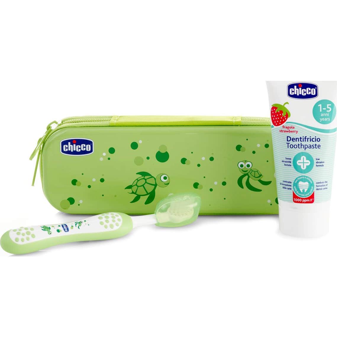 Chicco Pack Cepillo Dental Verde + Dentífrico Fresa 50ml + Estuche