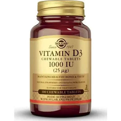 Solgar Vitamina D3 Masticable 1000 UI 25 mcg Sabor Fresa y Plátano 100 comp.