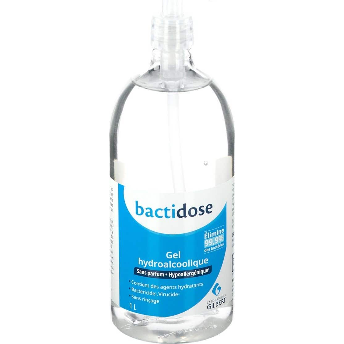 Gel hidroalcohólico sin perfume de Bactidose Botella con bomba de 1 litro