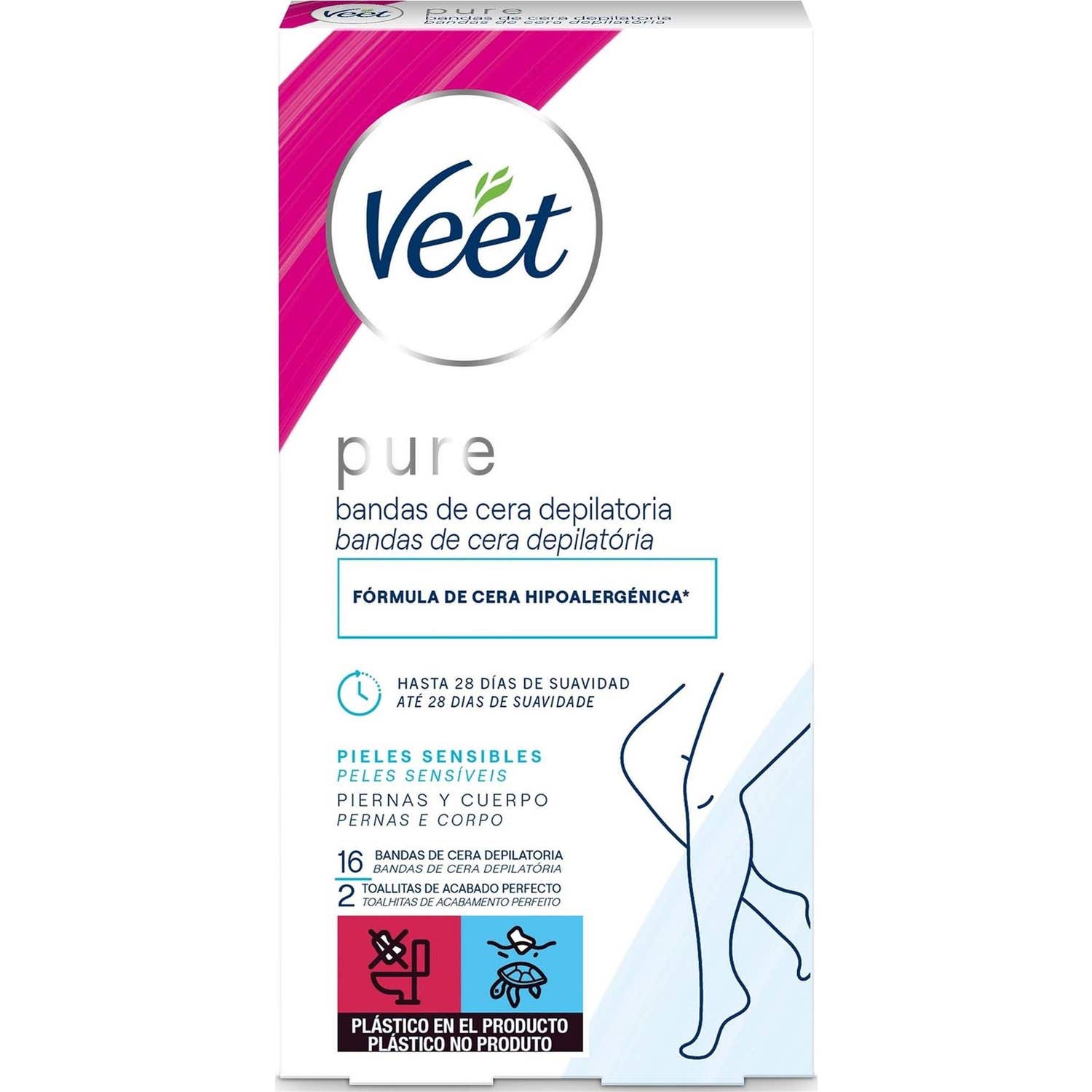 Veet Pure Cera Fría Corporal Piel Sensible Bandas 16uds