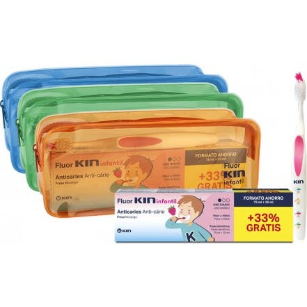 Fluor-Kin Infantil Pack pasta dentífrica fresa 75 ml+25 ml + cepillo dental + neceser
