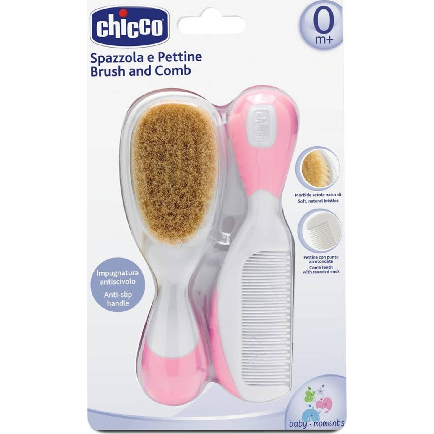Chicco Pack Cepillo y Peine de Pelo Natural Rosa 0m+