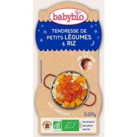 Babybio Tazones de Buenas Noches Ternura de Verduras Pequeñas Arroz Orgánico en 12 Meses 2 X 200 g