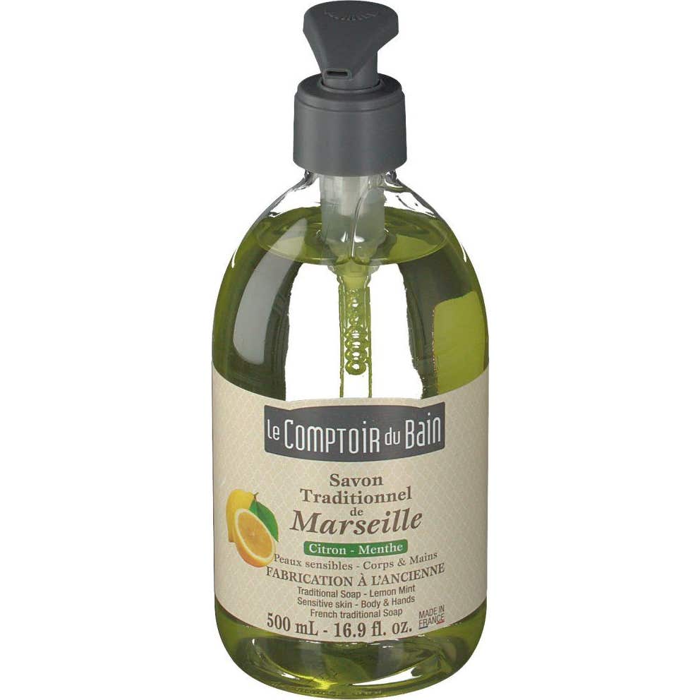 LE COMPTOIR DU BAIN Jabón de Marsella tradicional Jabón de limón y menta Frasco de 500 ml