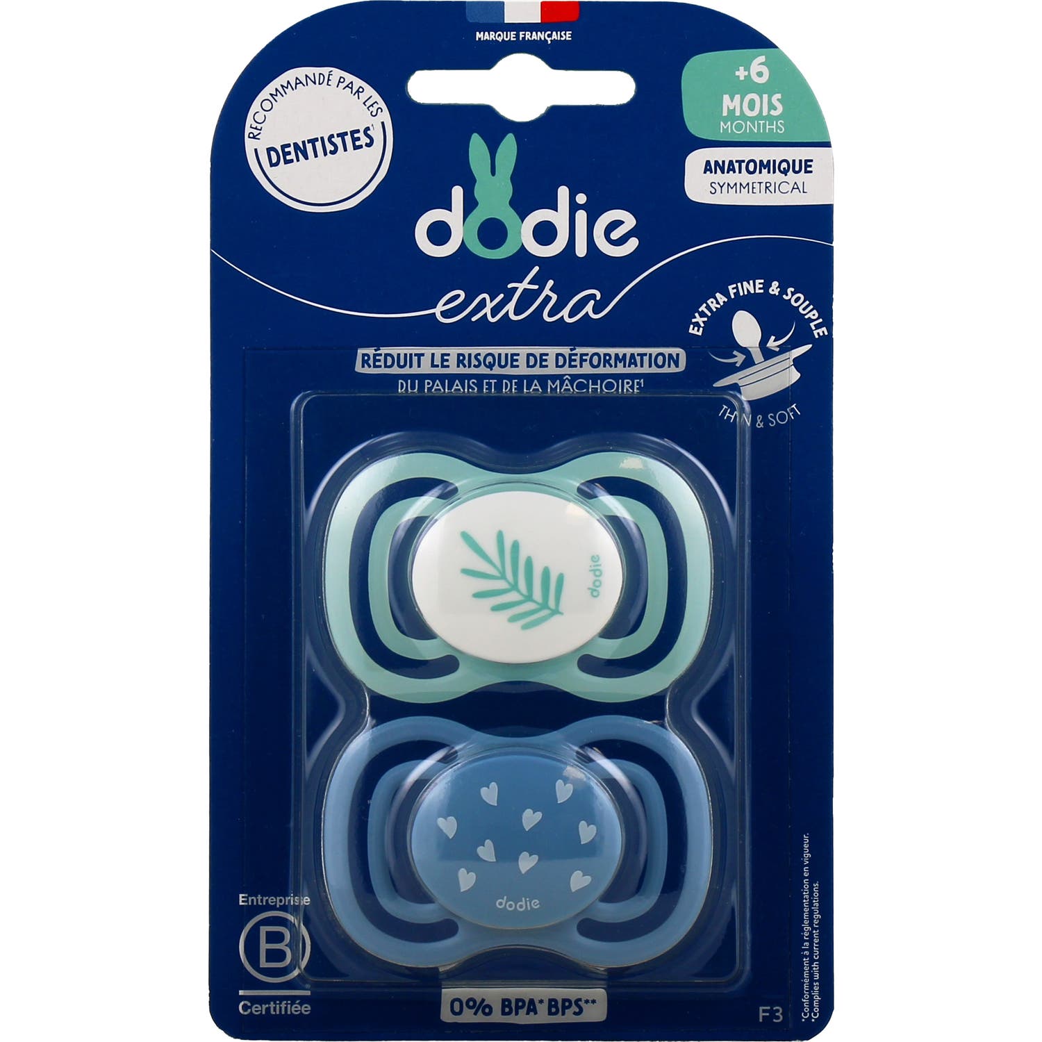 Dodie Extra Chupete Anatómico +6M F3 Fino Azul 2 uds