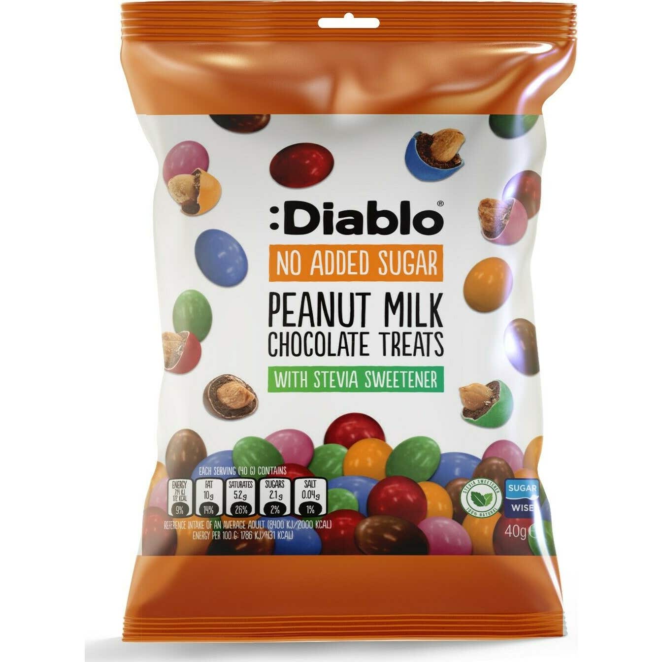 :Diablo Cacahuetes Cubiertos de Chocolate con Leche y Stevia Colores 40g