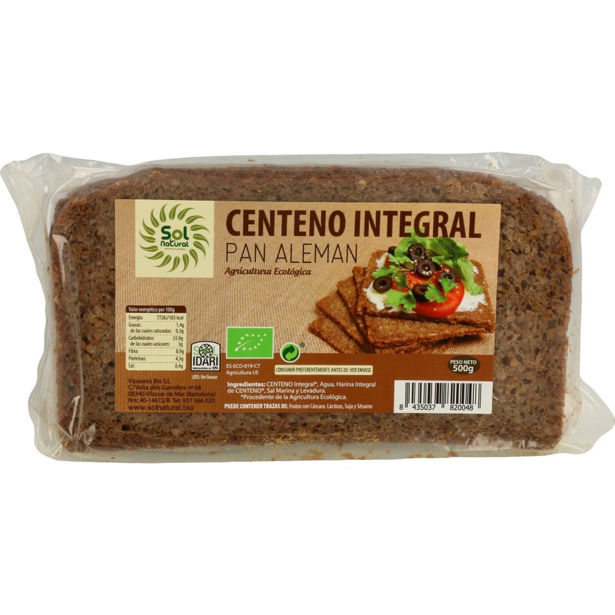 Solnatural Pan Alemán Centeno Int Bio 500g