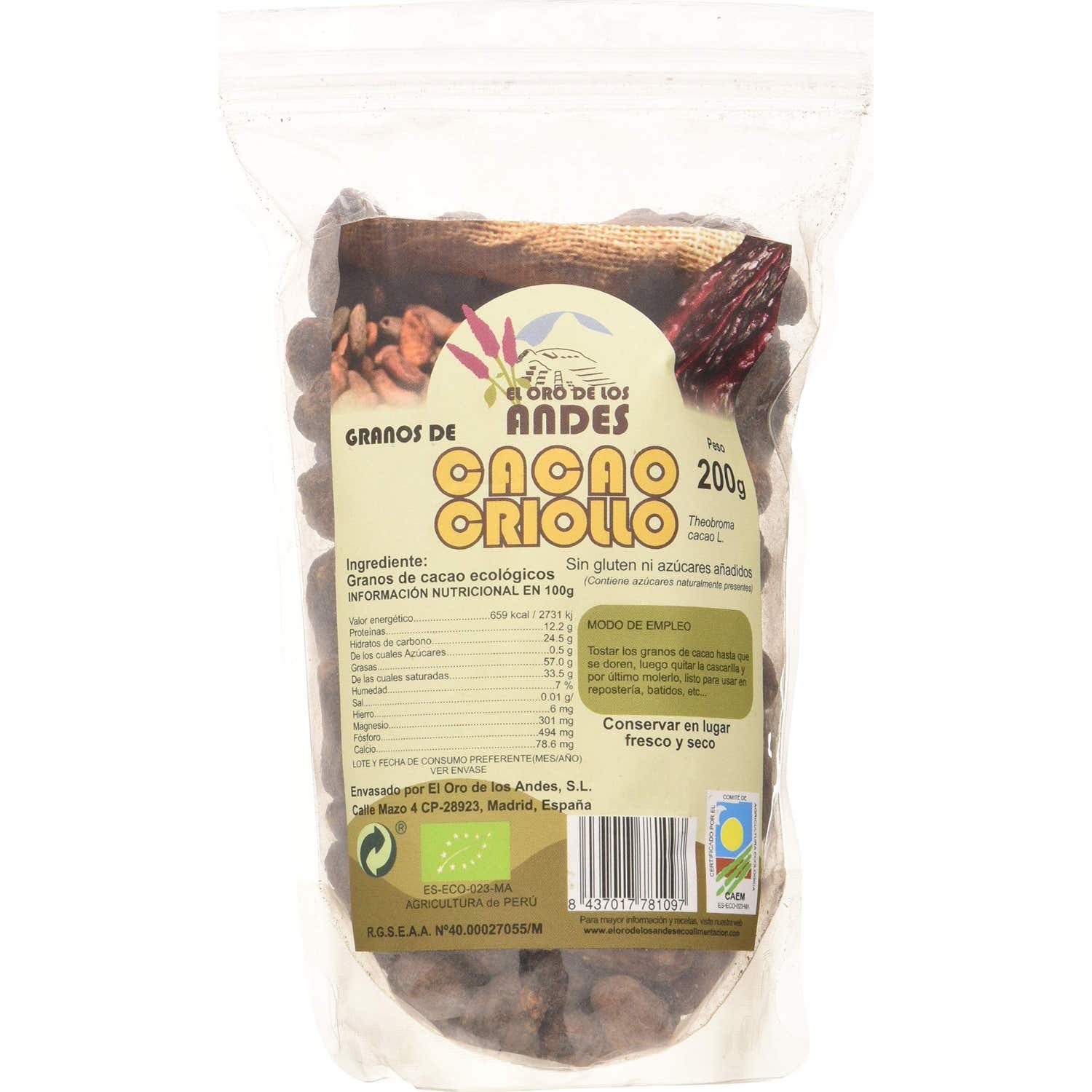 El Oro de los Andes Cacao en Grano 200g