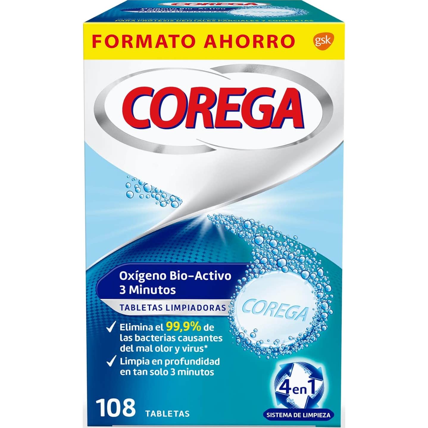 Corega Oxígeno Bio-Activo 3 Minutos Tabletas Limpiadoras 108uds