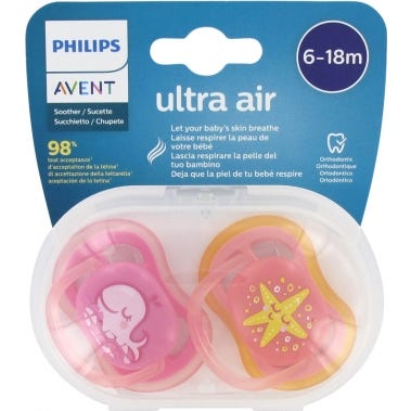 Avent Pack Chupetes Ultra Air Ballena y Estrella Rosa 6-18 M 2 uds