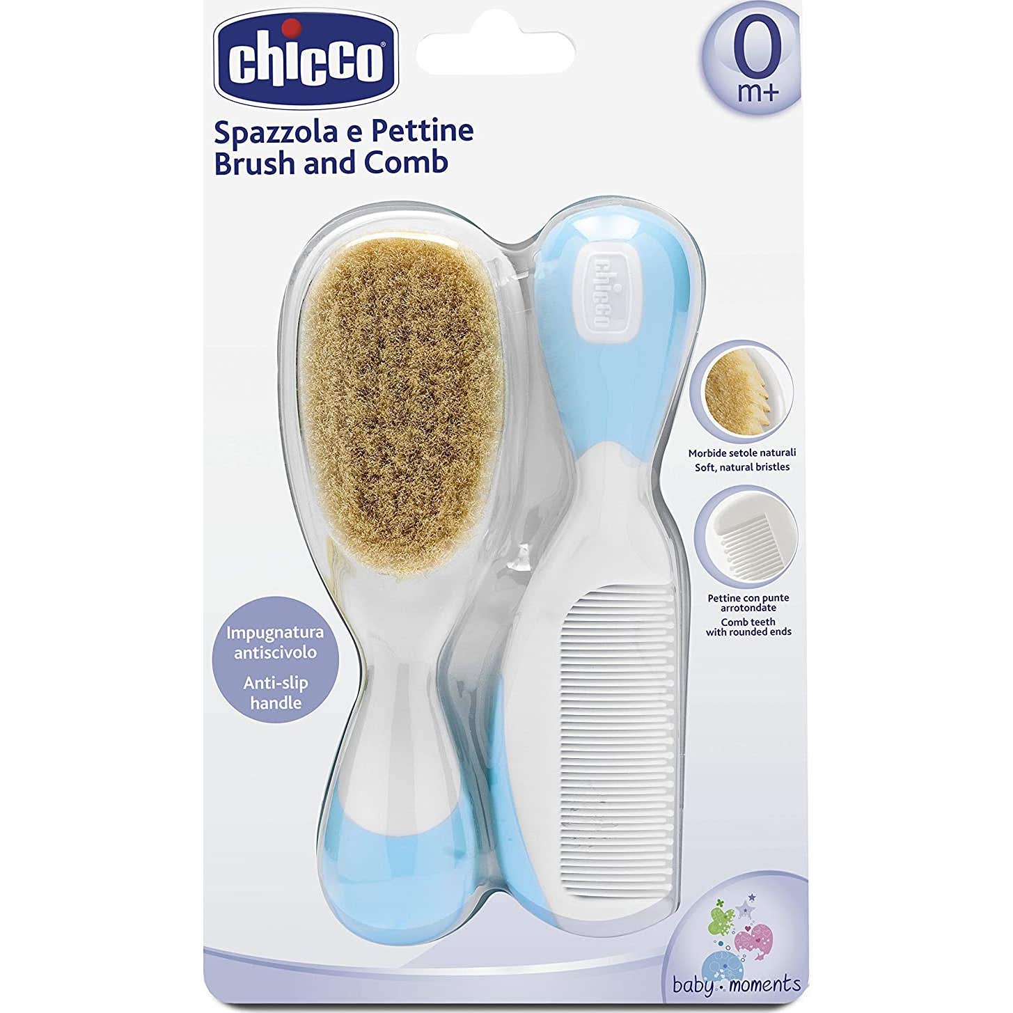 Chicco Pack Cepillo y Peine de Pelo Natural Azul 0m+