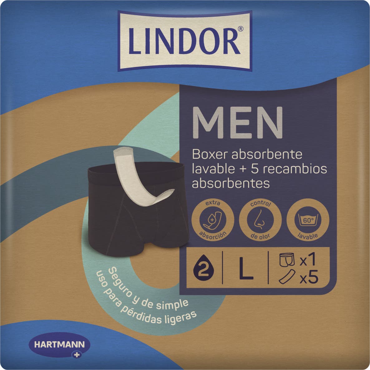 Lindor Men Boxer Absorbente Lavable Incontinencia Talla L + 5 recambios