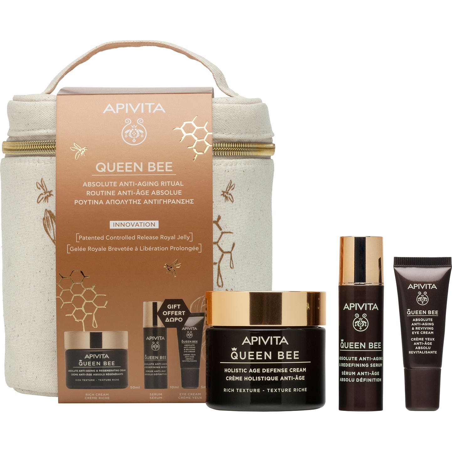 Apivita Ritual Antiedad Queen Bee Crema Rica 50ml + Sérum 10Ml + Contorno 5Ml