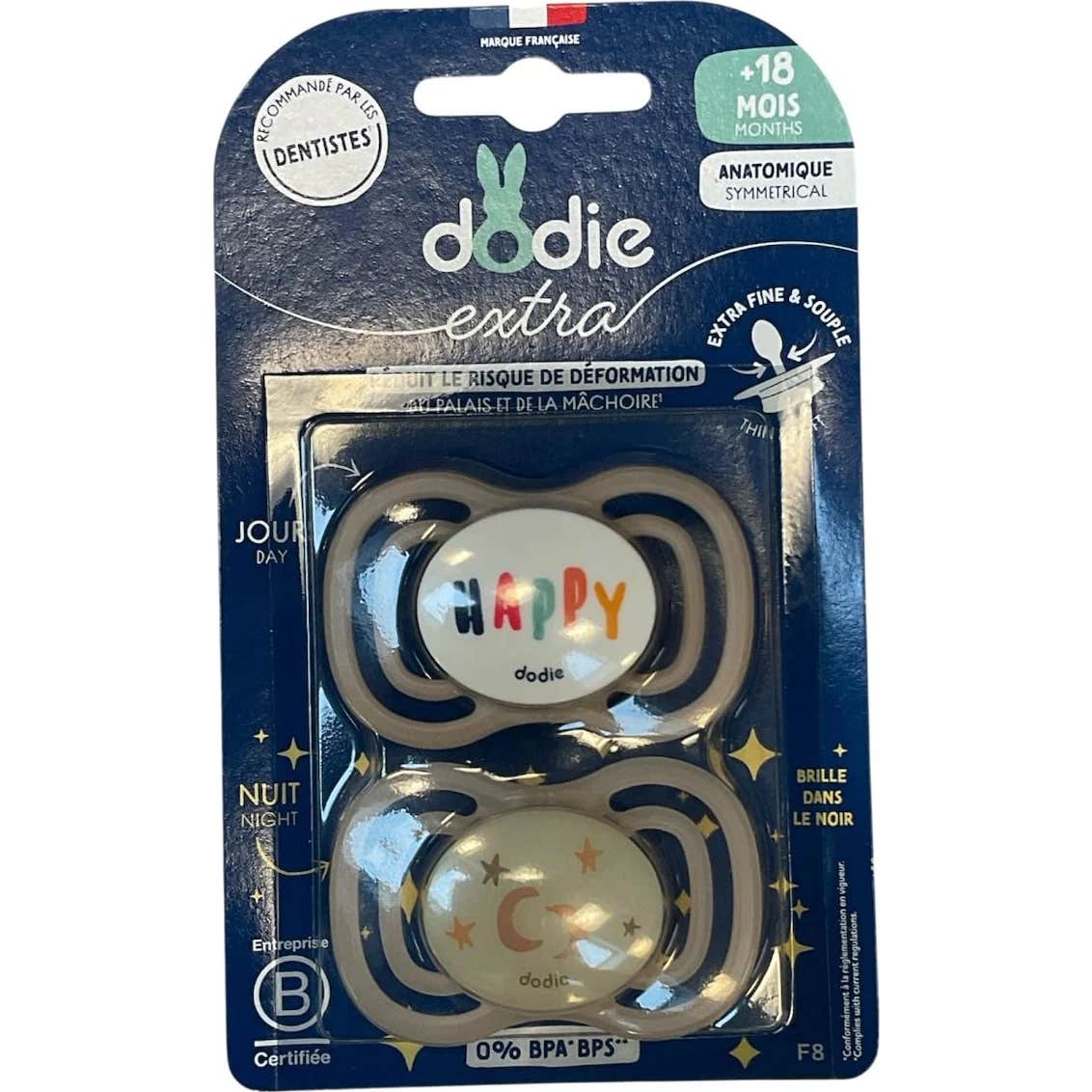 Dodie Extra Chupete Anatómico +18M F8 Fino Día Noche 2 uds
