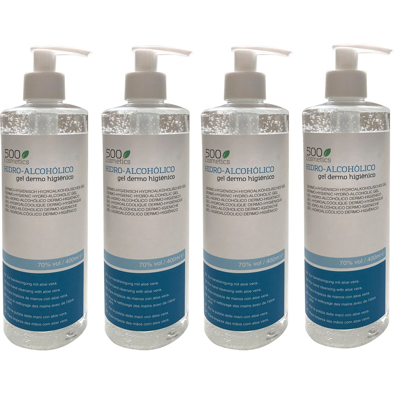 500 Cosmetics gel hidro-alcohólicodermohigiénico 400 ml x4uds