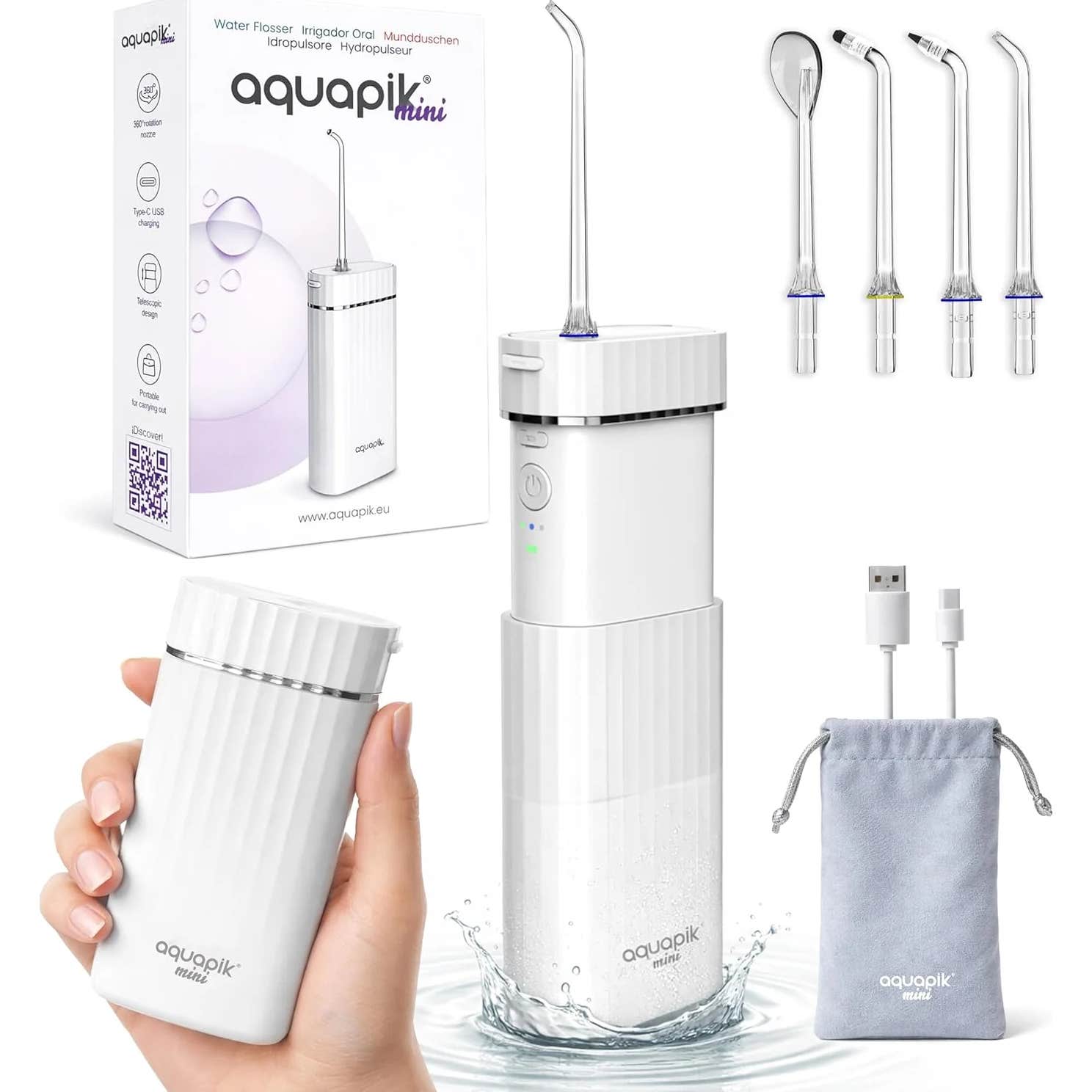 AquaPik Kit Mini Irrigador Bucal Portátil Viajes Carga Usb Blanco 1 ud