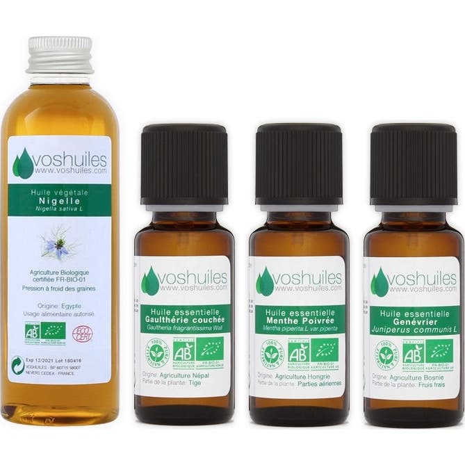 Voshuiles Kit Masaje Espalda Aceite Esencial BIO 3x10ml + Vegetal BIO 50ml
