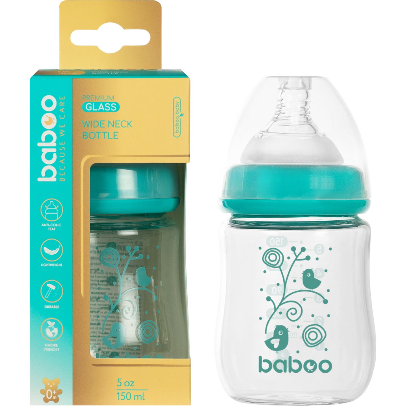 Baboo Biberón Vidrio Anticólico Cuello Ancho +0 Meses 150ml 1ud