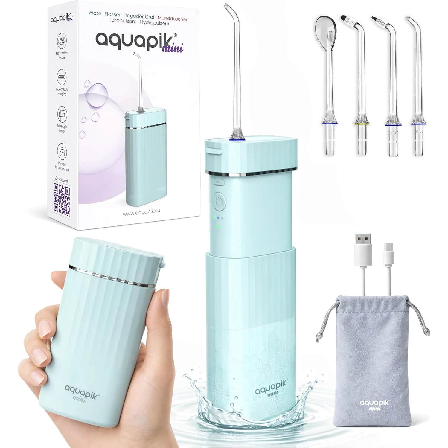 Aquapik Azul Mini Irrigador Bucal Portátil Viajes Carga Usb 1 Ud