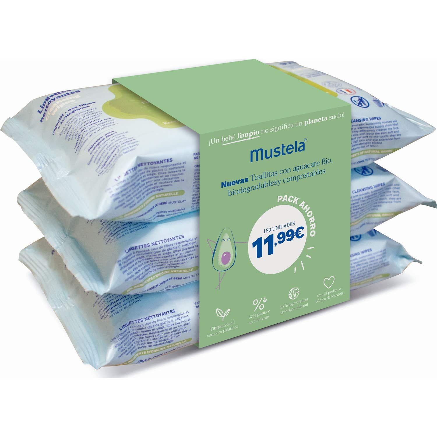 Mustela Toallitas Limpiadoras Aguacate Bio 3x60uds