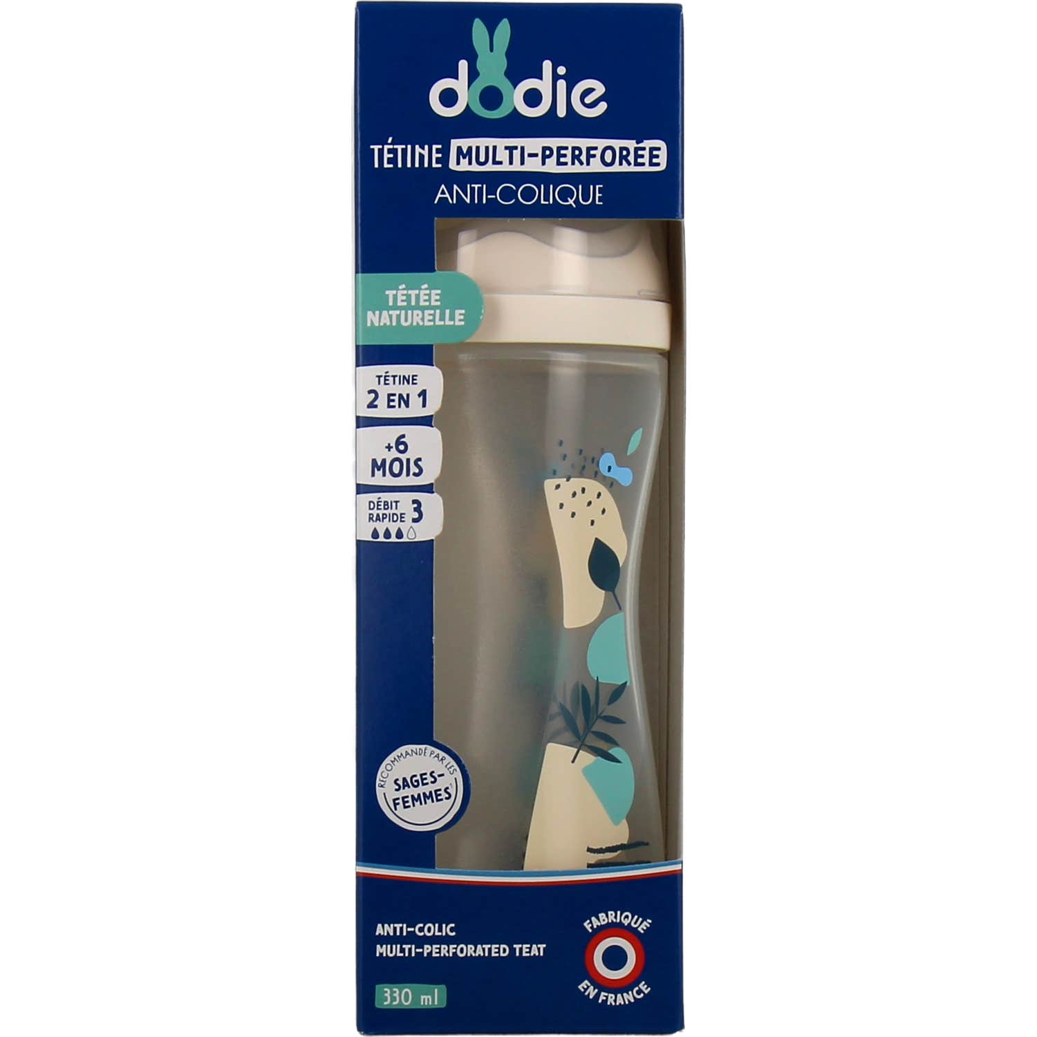 Dodie Biberón Tetina Multiperforada Flujo 3 +6M Azul 330ml